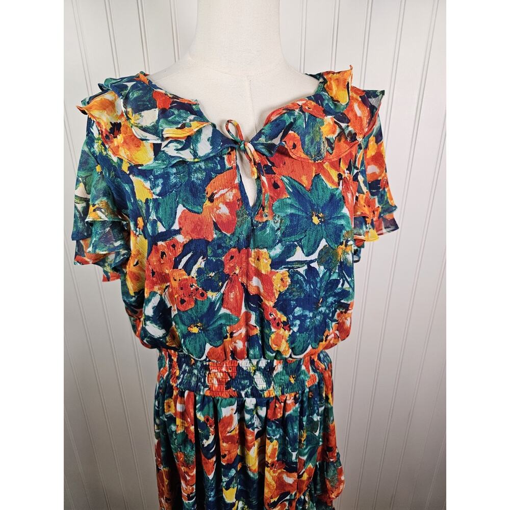 Duro Olowu Floral Chiffon Ruffle Dress Women's L Midi Rouched Waist Gorgeous - Picture 3 of 7